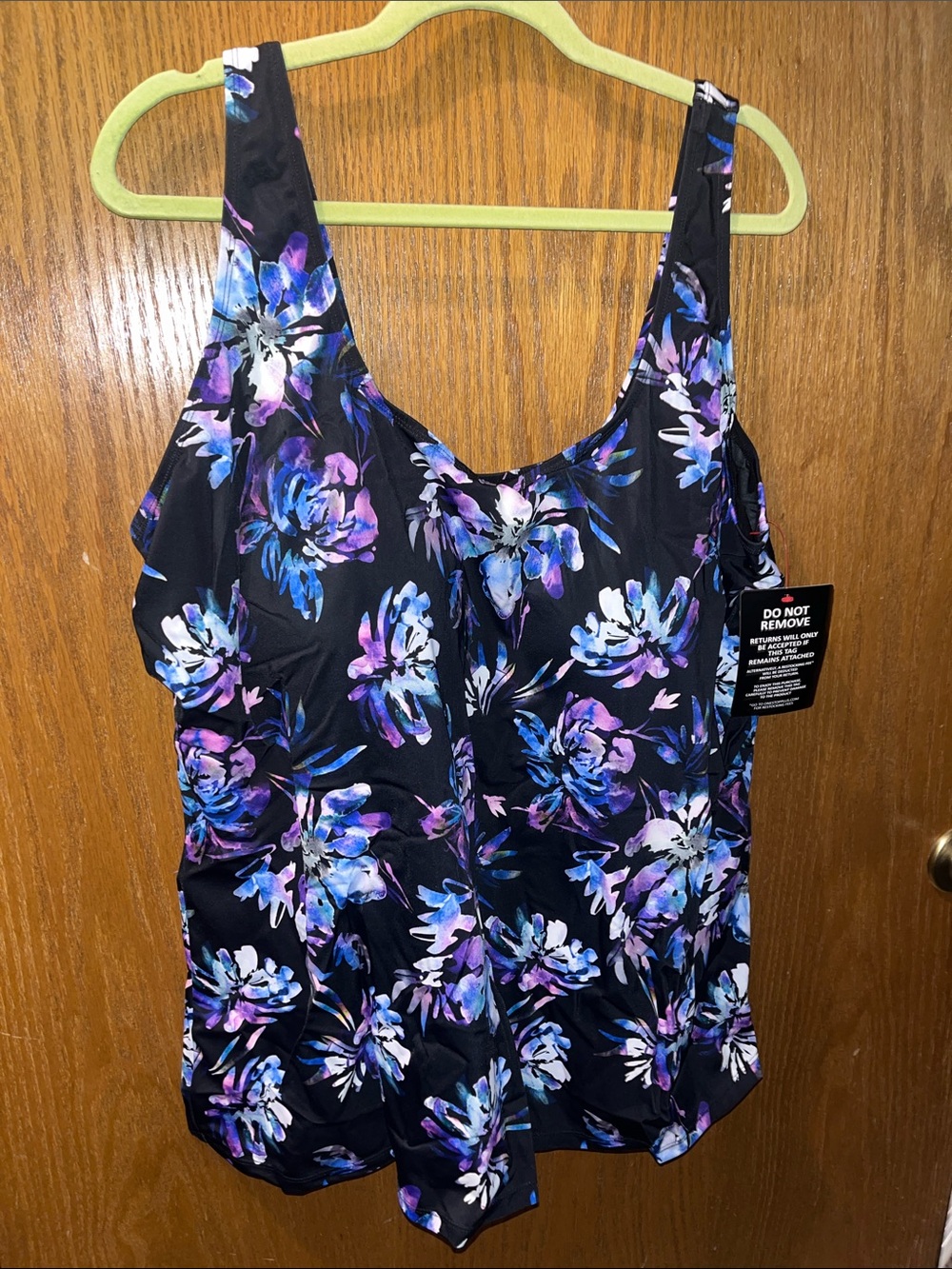 Swimsuits For All Black Tankini Top with Purple and Blue Floral Print
